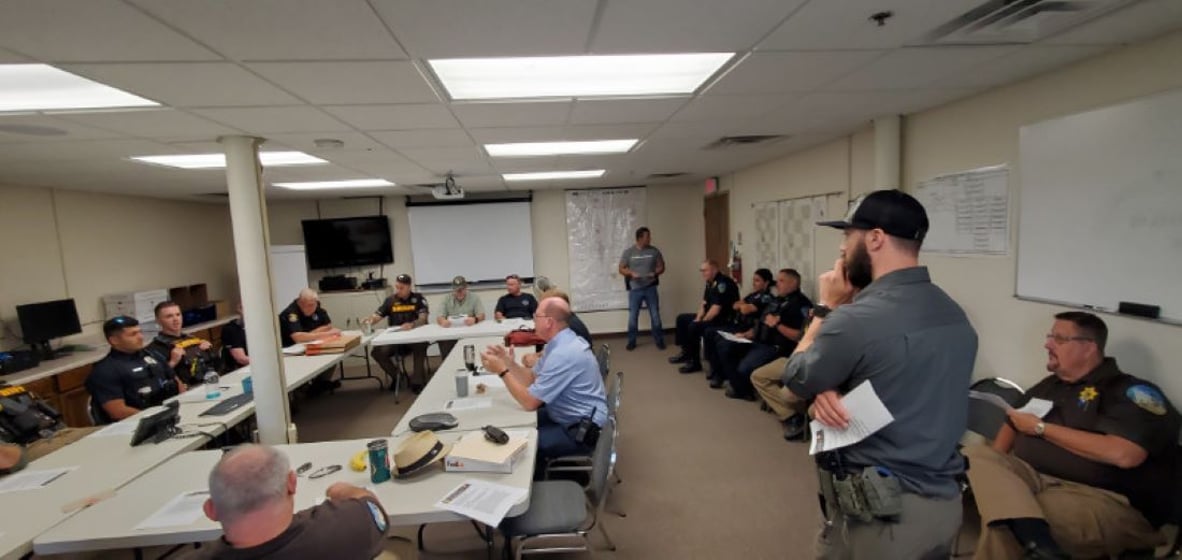 Officers gather at the Gage County Emergency Management Center