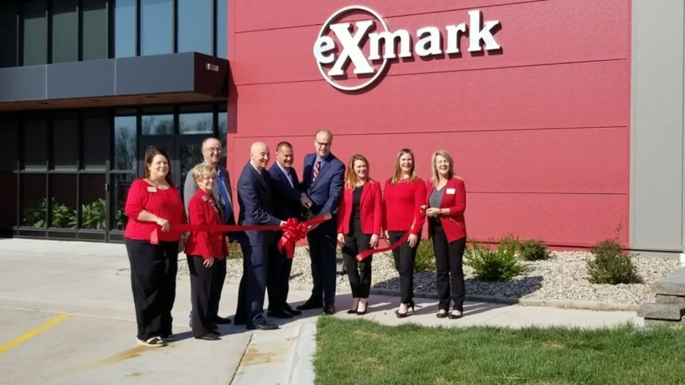 Ribbon cutting outside Exmark Corporate headquarters