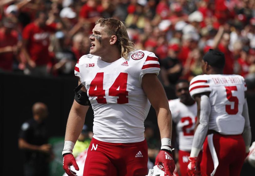 Nebraska linebacker Garrett Nelson responds to the cheers of the crowd before the first half of an NCAA college football game against Colorado on Sept. 7, 2019, in Boulder, Colo.