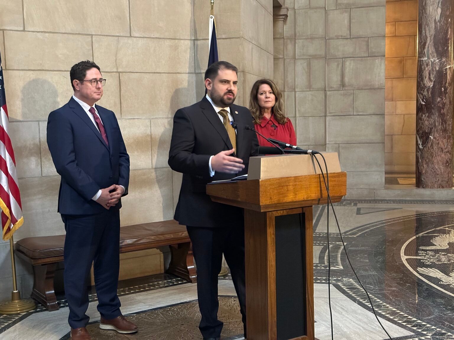 State Sen. Eliot Bostar of Lincoln speaks about his bill to prohibit using Nebraska Universal Service Fund dollars on wireless companies with Huawei or ZTE equipment on their networks.
