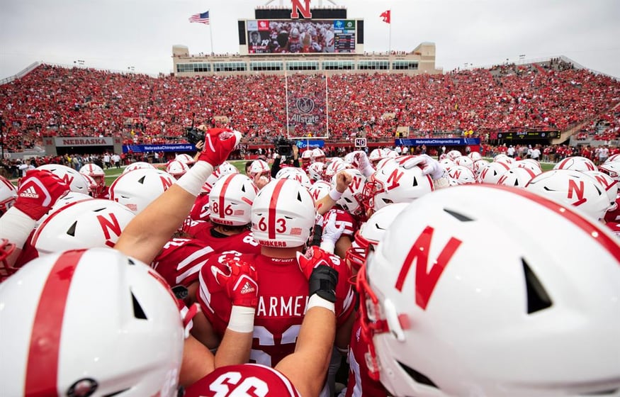Nebraska football players huddle before a 2018 game against Colorado. A UNL researcher thinks he may have found a path to diagnose concussions cheaply and effectively by studying Husker football players.