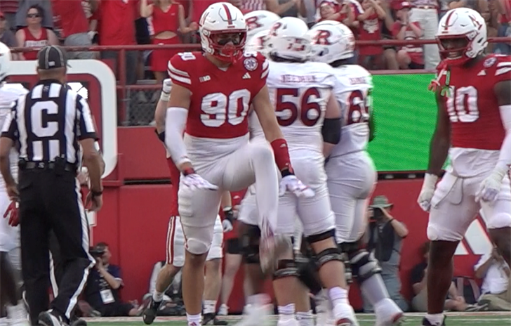 James Williams celebrates a sack in the second half of Nebraska's 14-7 win over Rutgers